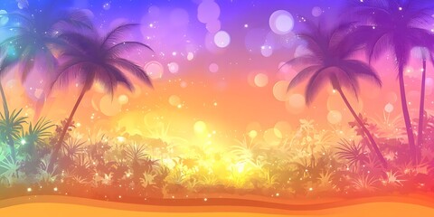 Vibrant tropical sunset landscape with silhouetted palm trees glowing bokeh lights and sparkling effects digital illustration concept