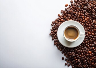 Empty Coffee Cup with Coffee Beans, White Background, Booklet Mockup for Advertising - Place Your Text