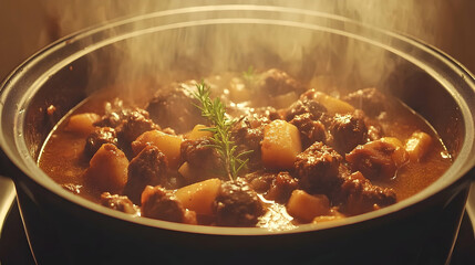 Steaming pot of savory meatballs and vegetables simmering on the stove, creating a cozy kitchen atmosphere