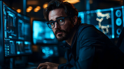 Fototapeta premium Focused individual engrossed in computer analysis at night.