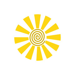 A striking design features a swirl sun with yellow rays radiating outward, creating a cheerful and uplifting feeling