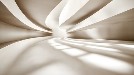 Abstract sepia toned architectural interior design featuring flowing curves soft light and shadow patterns creating a minimalist futuristic empty space