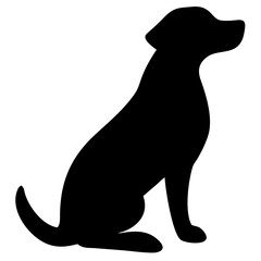 A black silhouette of a dog sitting and looking upwards. isolated on white background