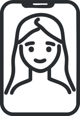 Line art illustration of a woman's portrait displayed on a smartphone screen representing digital profile or social media