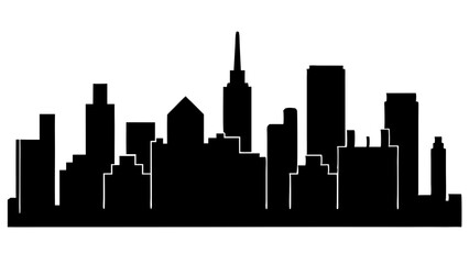 A minimalist black silhouette of a city skyline with various skyscrapers and buildings, conveying a sense of urban landscape and architecture 