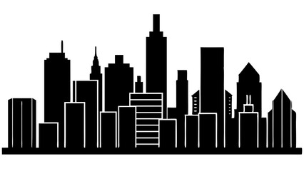 Fototapeta premium A minimalist black silhouette of a city skyline with various skyscrapers and buildings, conveying a sense of urban landscape and architecture 