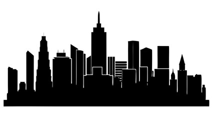 Fototapeta premium A minimalist black silhouette of a city skyline with various skyscrapers and buildings, conveying a sense of urban landscape and architecture 