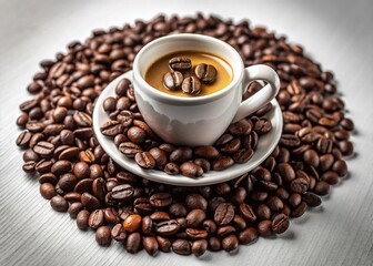Fototapeta premium Espresso Coffee Cup with Roasted Coffee Beans Isolated on White Background - Stock Photo