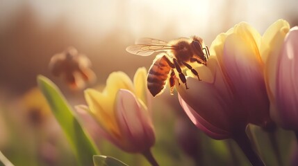 A bee lands delicately on the petals of a blooming tulip in the soft, golden light, foraging for nectar in a natural setting.