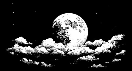 Full Moon Above Clouds at Night Engrave Style Illustration. White Moon and Clouds On Black