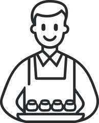 Line icon of a smiling man wearing an apron holding a tray with four food items