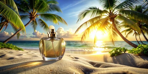 Exotic Perfume Bottle on Tropical Island Beach with Palm Trees - Stock Photo