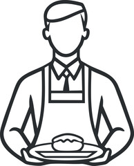Line art illustration of a male waiter wearing an apron holding a plate with food, representing restaurant service and hospitality