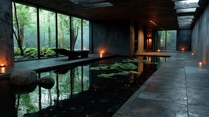 Modern spa with tranquil water garden