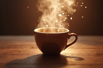 Obraz premium Steaming coffee cup cozy kitchen beverage photography warm environment close-up view comfort