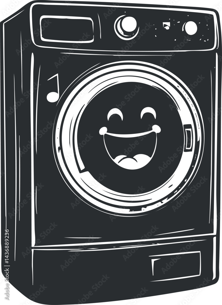 Poster black and white illustration of a front-loading washing machine with a happy smiling face on the doo
