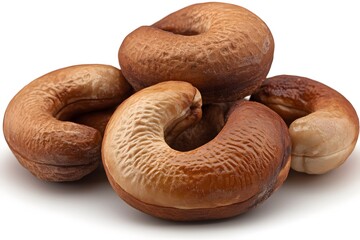 Small heap of tasty brown roasted whole cashew nuts a healthy food ingredient isolated on clean white background macro shot
