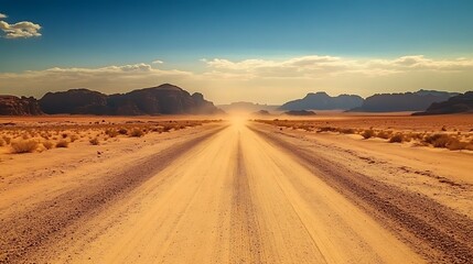 Fototapeta premium Dusty desert road extends into a vast horizon.