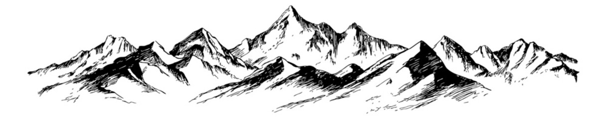 Black and White Sketch of Mountain Range Peaks with Detailed Line Art, Landscape View