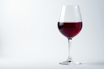 Single glass of ruby red wine, bright white setting, liquid, ruby