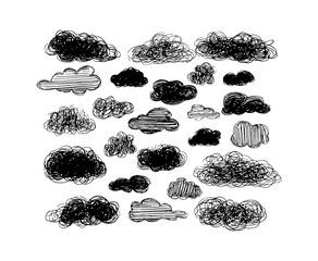 Set of Hand Drawn Black Clouds in Various Shapes and Styles on White Background