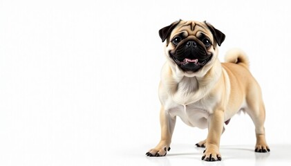 Obraz premium Playful pug standing, isolated on white background, friend, puppy, nose