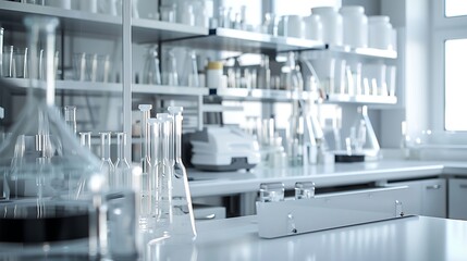 Bright, modern scientific laboratory interior with focus on glassware like flasks, beakers, and test tubes on countertops and shelves. Research concept.

