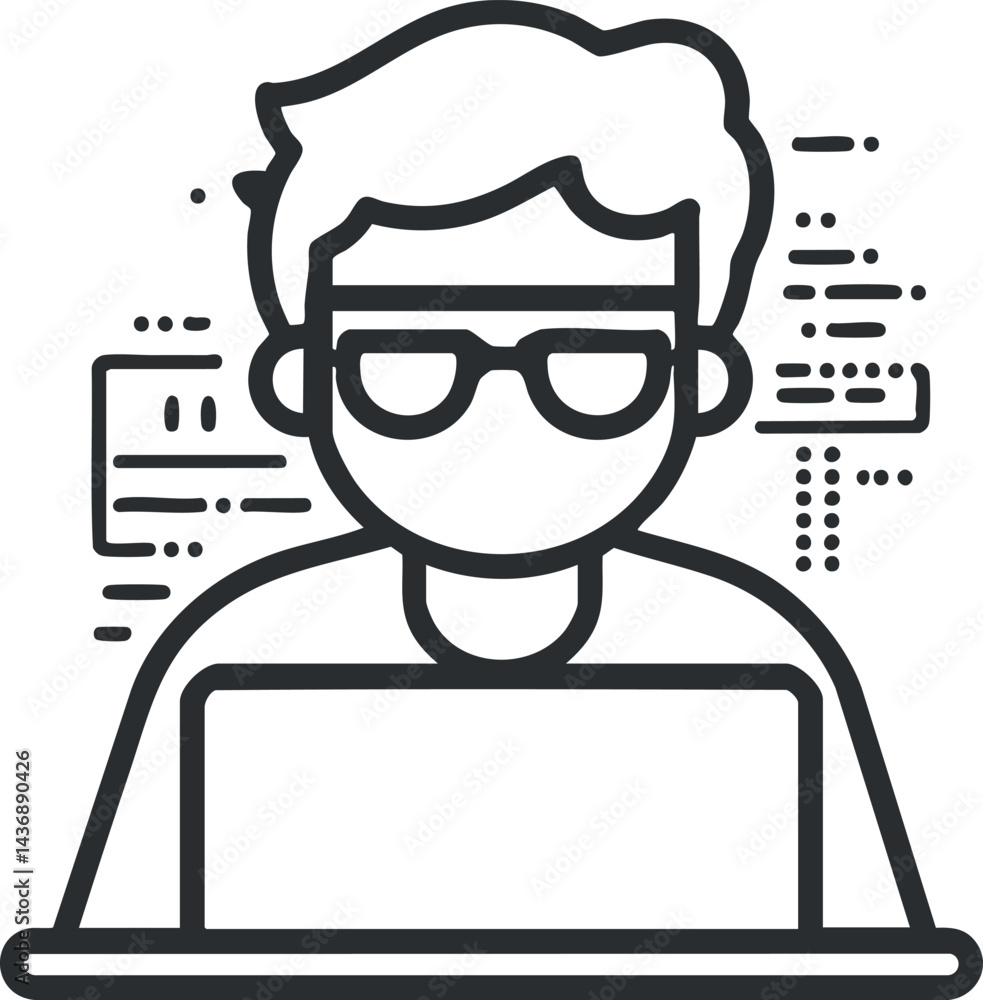 Poster line art illustration of a programmer with glasses working on a laptop surrounded by code symbols