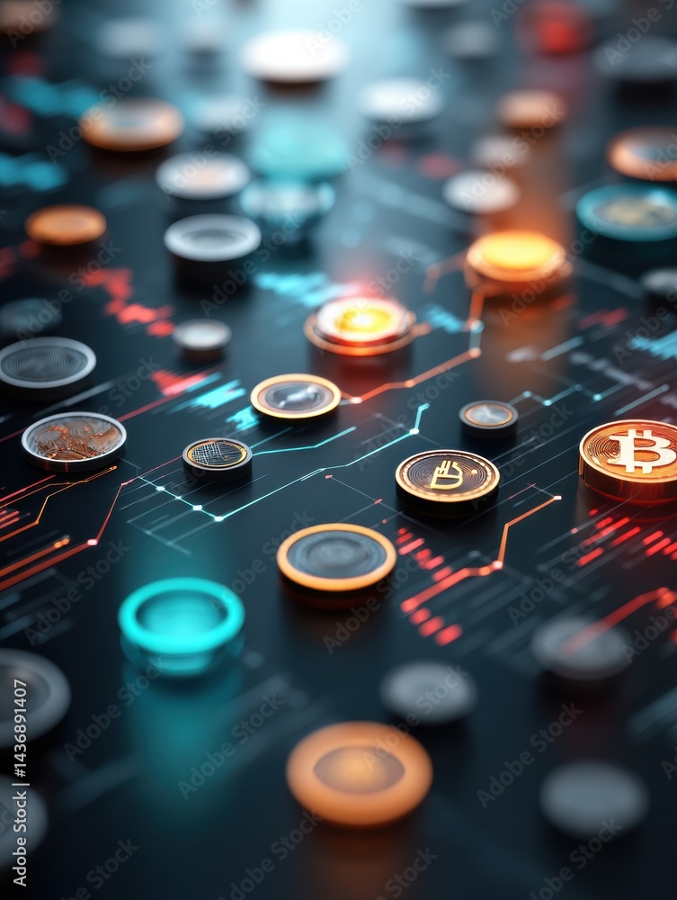 Leinwandbilder Crypto Coins Float Amidst Dynamic Graphs in a Futuristic Digital Space, Showcasing the Evolution of Finance in the Modern Era
