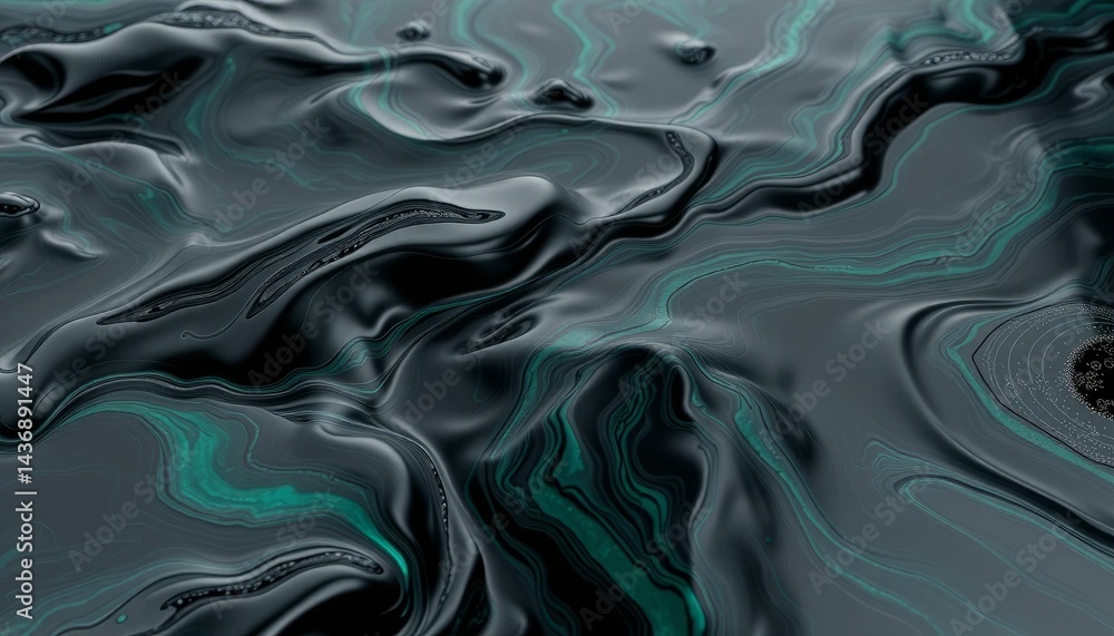 Poster abstract dark fluid background with teal swirls and glossy texture