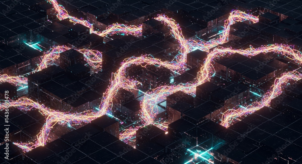 Aufkleber abstract digital art dynamic lines flowing through a dark pixelated network