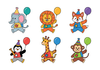 Naklejka premium Cute Party Animals Vector Set: Elephant, Lion, Fox More!