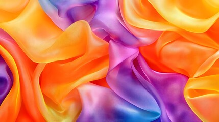 Obraz premium Abstract background of luxurious flowing translucent fabric in vibrant orange purple pink yellow gradient colours creating soft waves