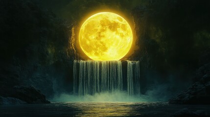 Surreal yellow moon over waterfall, night scene, fantasy art, for mystical designs