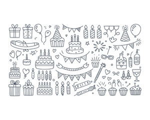 Doodle Birthday Vector Set: Black White Party Icons