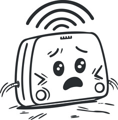 Black and white cartoon illustration of a scared wifi router with signal waves above it