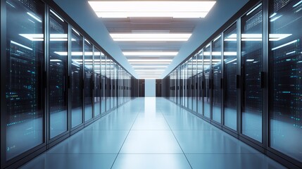 A long hallway with server racks on both sides and bright lights on the ceiling in a data center