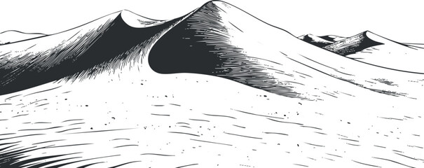 Black and white sketch of desert sand dunes with shadows highlighting natural contours © vadymstock