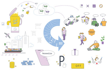 個人情報の収集と利用者への還元のフローをイラスト化　ビジネスにも使えるストックイラスト素材	
