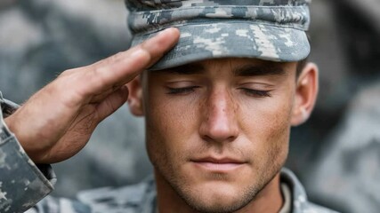 Portrait of a young man in uniform saluting with eyes closed, digital camouflage cap and fatigues, honoring military service