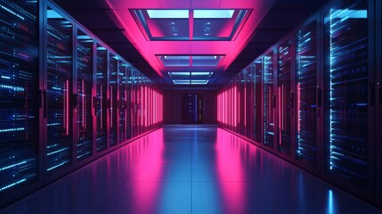 Illuminated server room hallway with pink and blue neon lights reflecting on the floor tiles