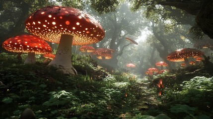 Enchanted Forest Path Glowing Mushrooms Fantasy Nature Scene Magical Red Toadstools Illuminated  Pathway Mystical Digital Art dark fall trees green   