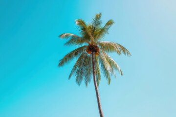 A tall palm tree against the blue sky, a single coconut on its top, a clear sunny day