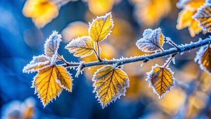 Frost-Covered Yellow Autumn Leaves on Branch - Close-Up Winter Nature Photography