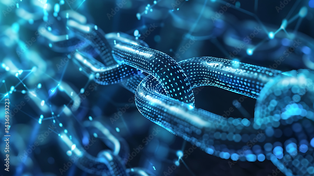 Poster digital visualization of interconnected chain links glowing blue amidst a network background. blockc