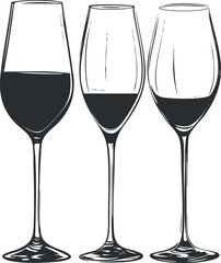 Illustration of three wine glasses filled with red wine in a simple black and white line art style