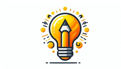 Stylized flat vector icon of a light bulb with a pencil core inside, rendered in bright yellow and orange tones, designed with a clean isolated white background for an innovative branding concept.