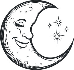 Black and white illustration of a crescent moon with a smiling human face and stars in the night sky