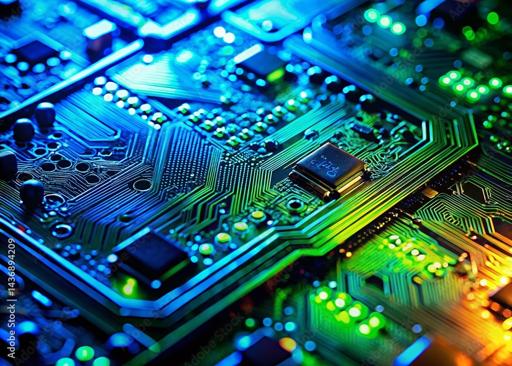Poster futuristic macro: 2025 tech circuitry close-up