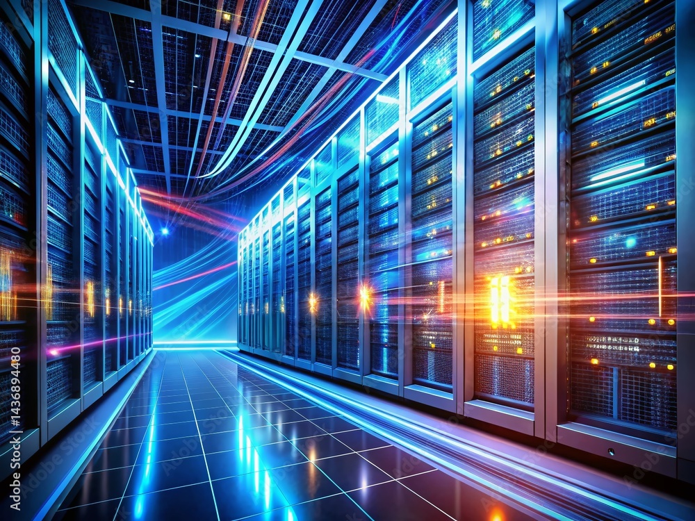 Poster futuristic server room: long exposure of high-tech data center with glowing servers and network cabl